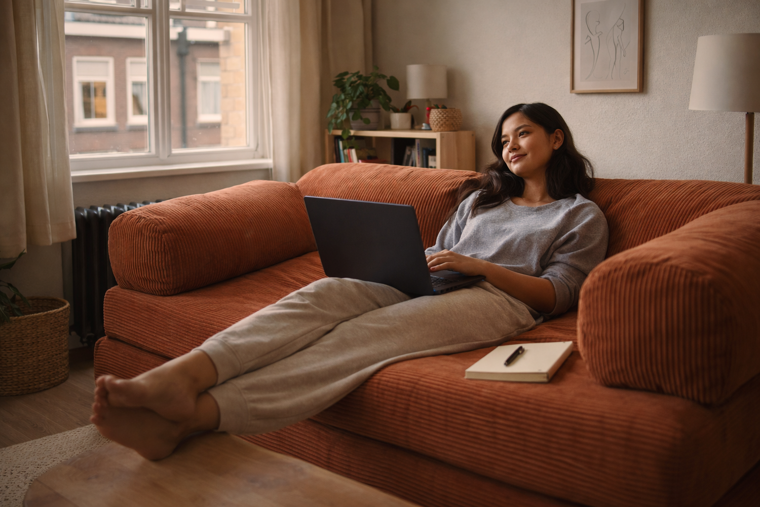 Mila reclining while studying on her Tokkoniko sofa